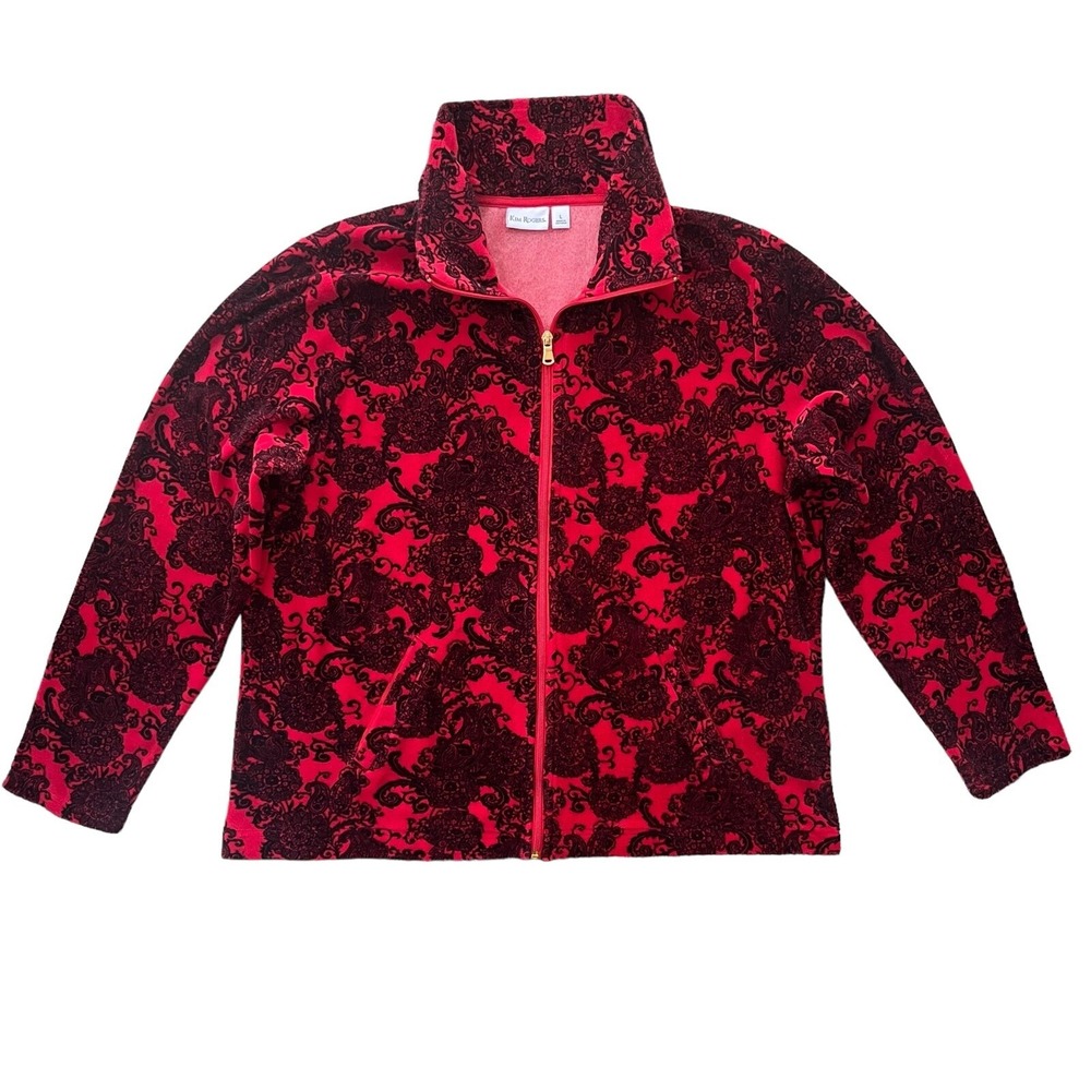 Kim Rogers Women L Red Black Paisley Full Zip Mock Neck Velour Fleece Jacket Y2K